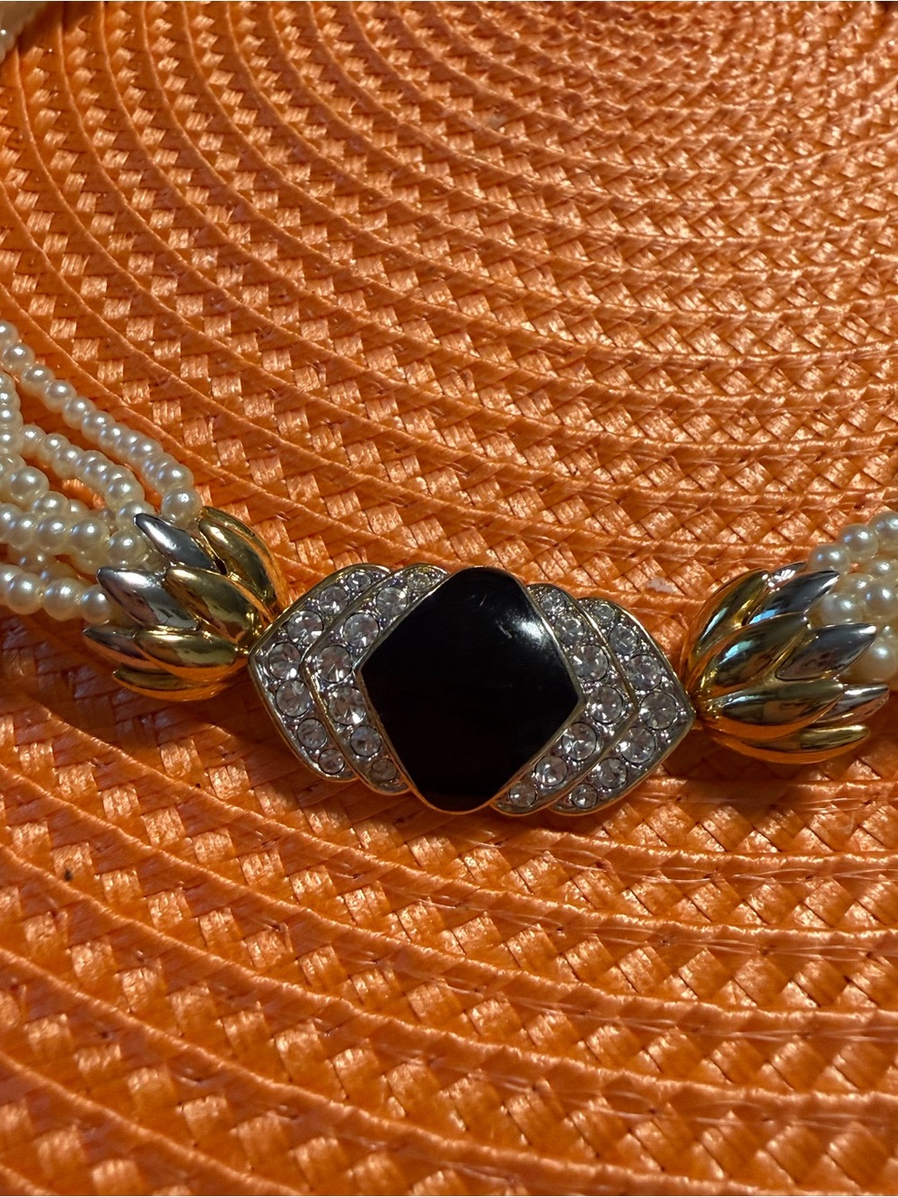 Vintage Multi-Strand Faux Pearl Necklace with Black Enamel front clasp Necklace - Picture 13 of 15